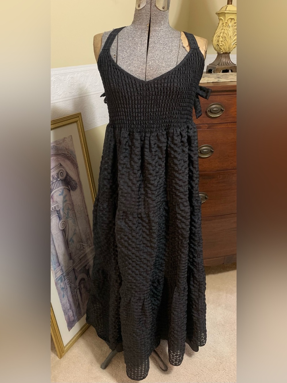 Black Midi Dress  Stretch Bodice Square Neck Bowtie Back Woman’s Size 16 NEW